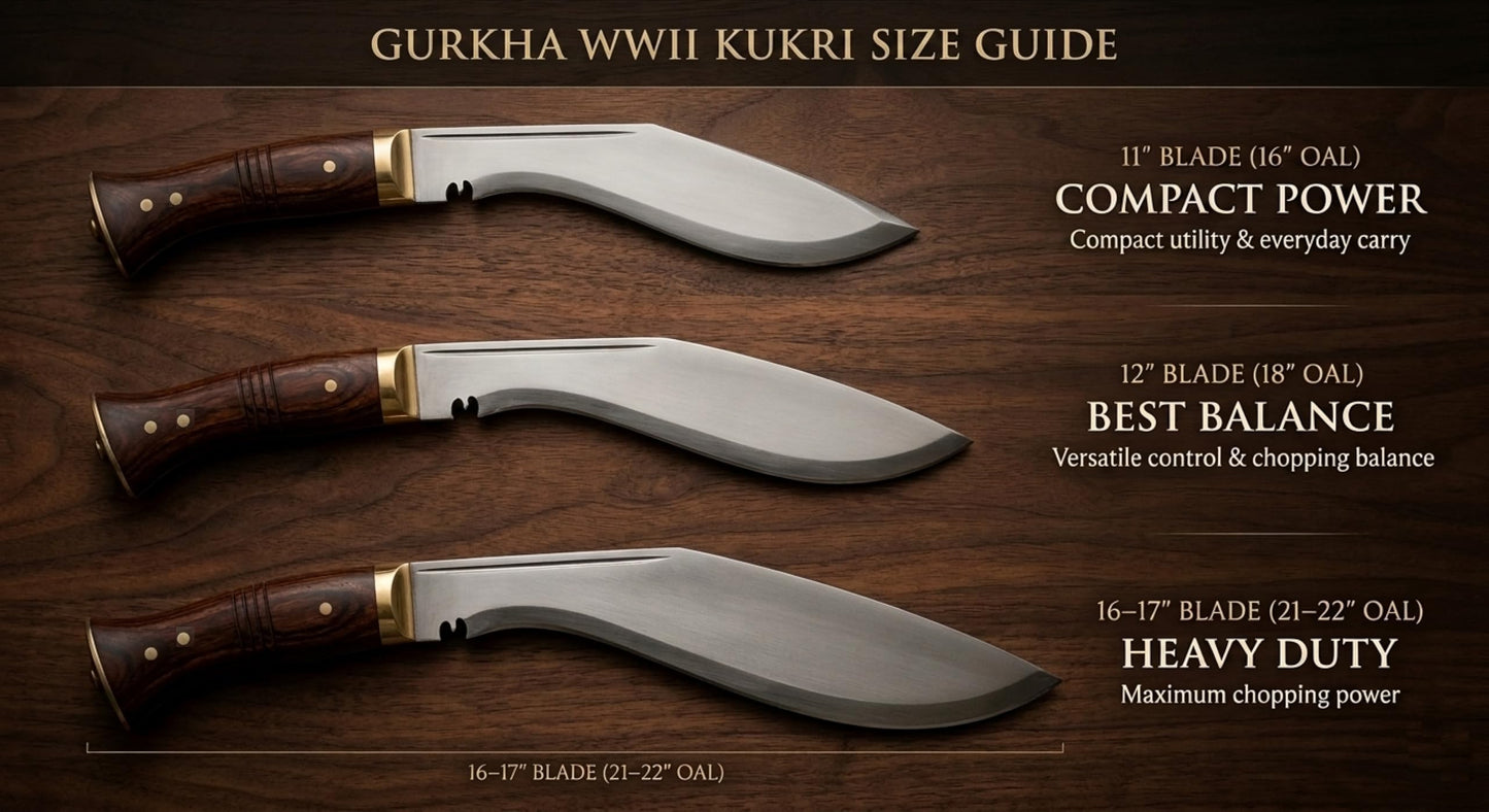 Gurkha Kukri Knife – Hand-Forged in Nepal – WW II 11" Carbon Steel Blade | Full Tang Khukuri – Heavy Duty Chopping, Survival & Bushcraft with 2 Utilities Knives & Leather Sheath