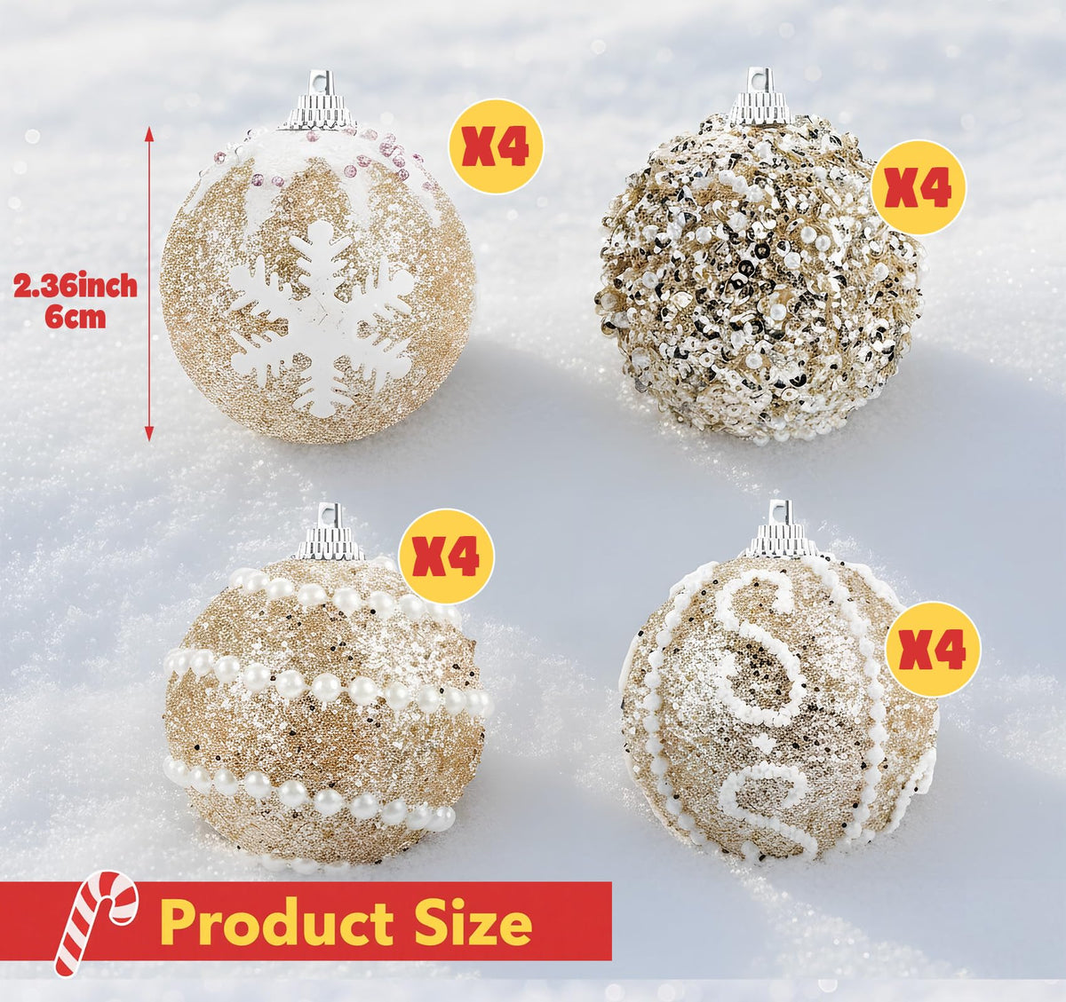 16 Pcs Champagne Christmas Ornaments, Shatterproof Christmas Tree Balls with Pearl Sequin, Hanging Xmas Balls Ornaments Set for Holiday Party Wedding Decorations (2.4"/60mm)