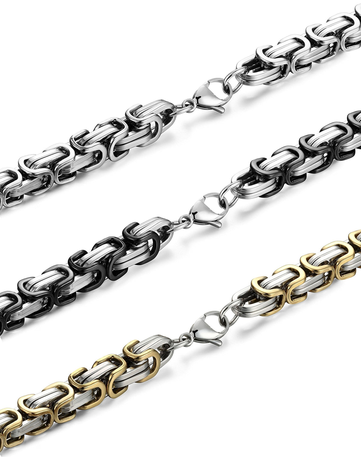 FIBO STEEL 3 Pcs 8MM Stainless Steel Chain Link Bracelets for Men Byzantine Bracelets,8.5 inches