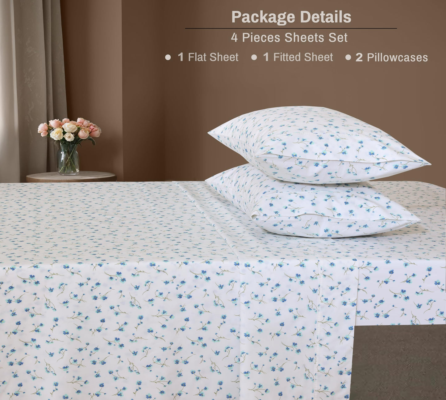 ZOYER 100% Cotton Sheets – Full Size Percale Bedding, Cooling & Breathable, Durable with a Crisp, Soft & Comfortable Feel, 16" Deep Pocket, 4-Piece Set, La Laa Flower