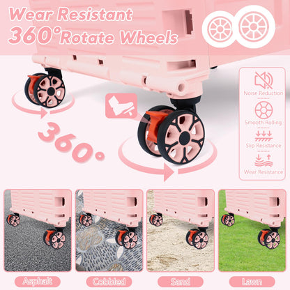 FELICON SELORSS Folding Utility Cart Rolling Crate Tote Basket Box Storage Handcart on 4 Swivel Wheels with Adjustable Handle Extended Magnetic Lid for Teacher Move Shop Travel Grocery Office(Pink)