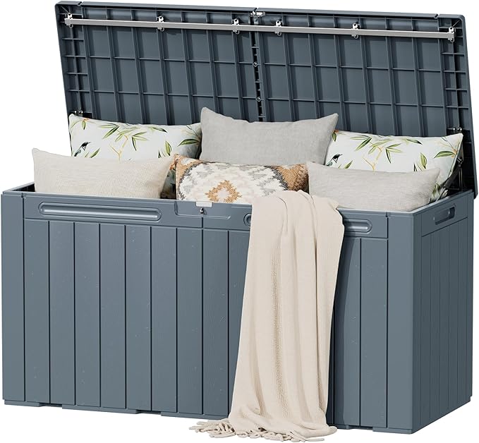 Flamaker Resin Deck Box 100 Gallon Large Lockable Outdoor Storage Box Waterproof for Patio Cushions, Tools, Pool Accessories (Gray)
