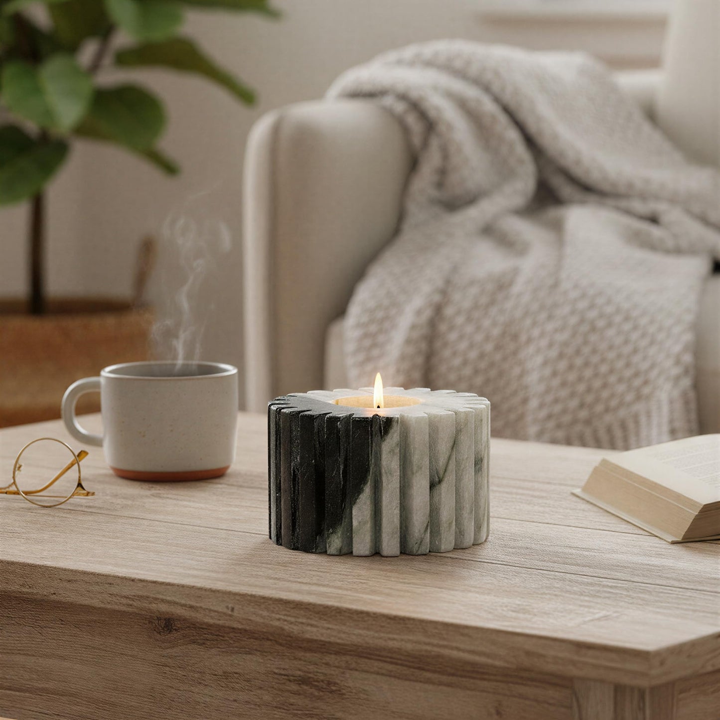 Bloomingville Marble Tealight Candle Holder, Black, 4 x 4 Inches
