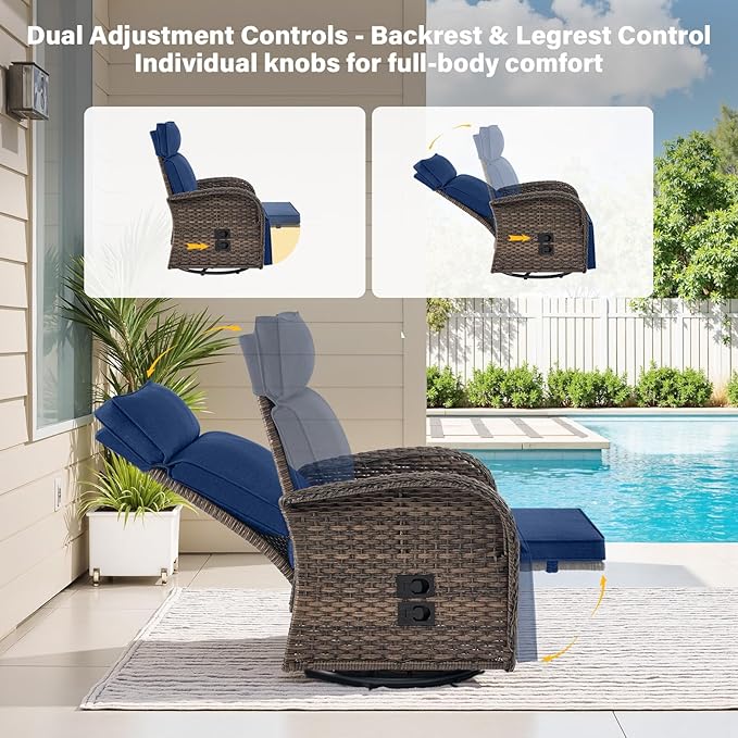 Belord 7 Piece Patio Furniture Set with 4 Swivel Recliner Chairs and 3 Side Tables, Dual-Adjust Wicker Chaise Lounge Chairs for Outdoor Patio Conversation, All-Weather Brown Rattan