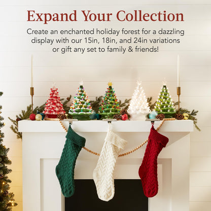 Best Choice Products 15in Ceramic Christmas Tree, Pre-lit Hand-Painted Tabletop Holiday Tree, 2 Star Toppers, 64 Lights - Flocked w/Multicolored Bulbs