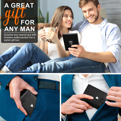 TEEHON Mens Wallets Slim RFID Blocking Carbon Fiber Leather Wallet with up to 12 Credit Card Holder, Strong Money Clip & ID Window Minimalist Bi-Fold Wallets for Men UK with Gift Box - Black