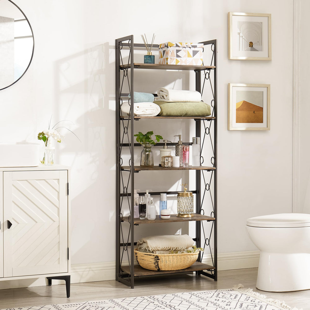 VECELO Folding Bookshelf, 5-Tier Bookcase Foldable, Industrial Tall Book Shelf Storage Organizer with Collapsible Metal Frame for Living Room/Home Office,Rustic Brown,1 Set