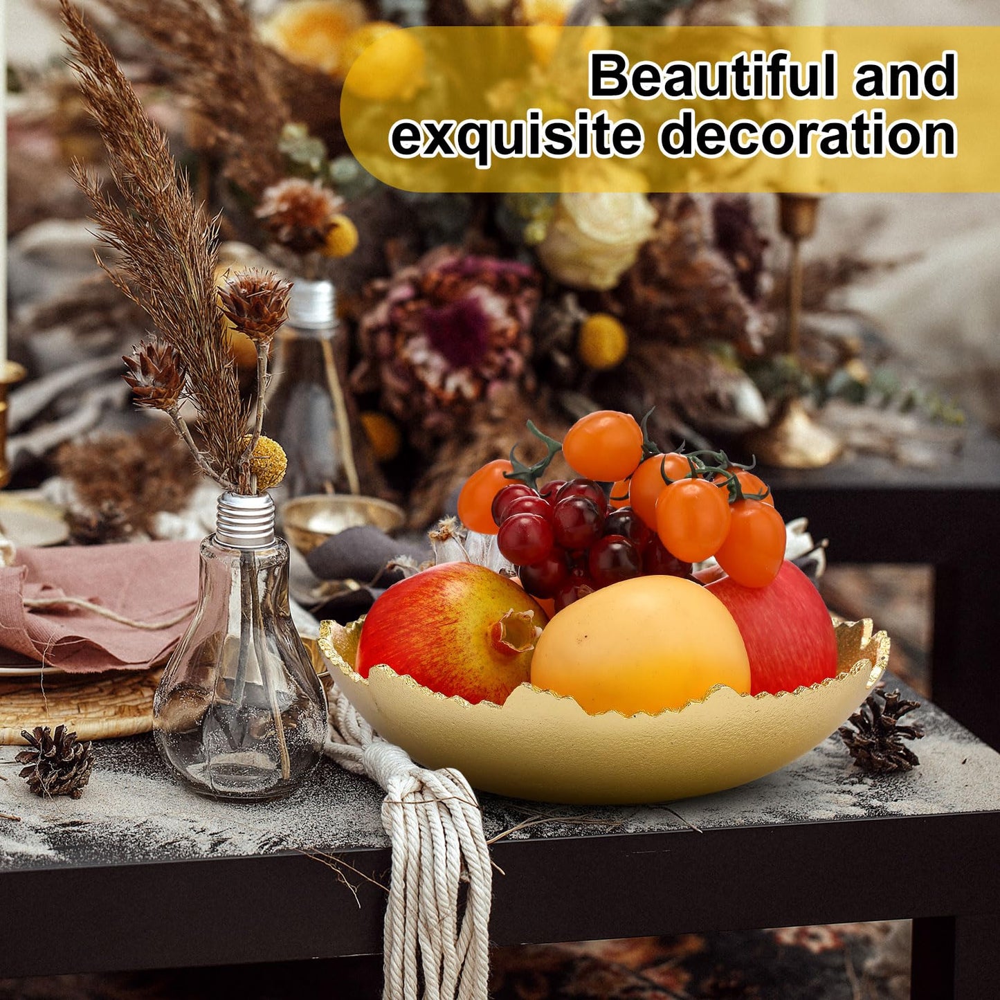 Nuogo 2 Pcs Gold Decorative Bowl for Table Golden Metal Centerpiece with Sculpted Edges Antique Torn Texture Serving Moon Bowl for Key Candy Fruit Tray Home Decorations