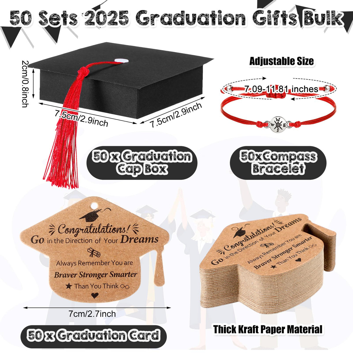 Cunno 50 Sets 2026 Graduation Gifts Bulk Include 50 Compass Bracelet 50 Graduation Cap Box with Tassel 50 Congratulations Cards, Party Favors Party Supplies for Him Her(Black Red)