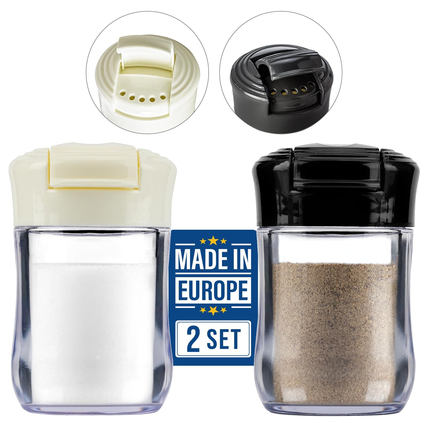 CRYSTALIA Clear Plastic Camping Salt and Pepper Shakers, 2 Pack Mini Salt and Pepper Shakers with Lid, BPA Free Plastic Condiment Containers for Picnic, Camping, Travel, Work, Purse, Catering