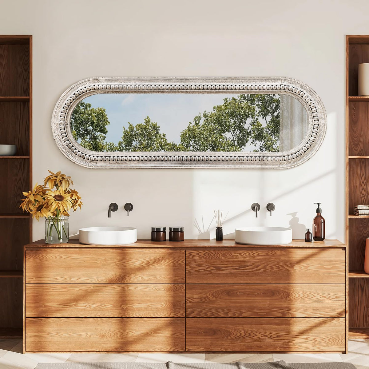 MWAZZLL Wall Mirror Full Length with Beaded Framed Oval Rustic Wood Mirrors Decrorative Large 47"x16" for Bedroom Bathroom Living Room Entryway Dressing Room White