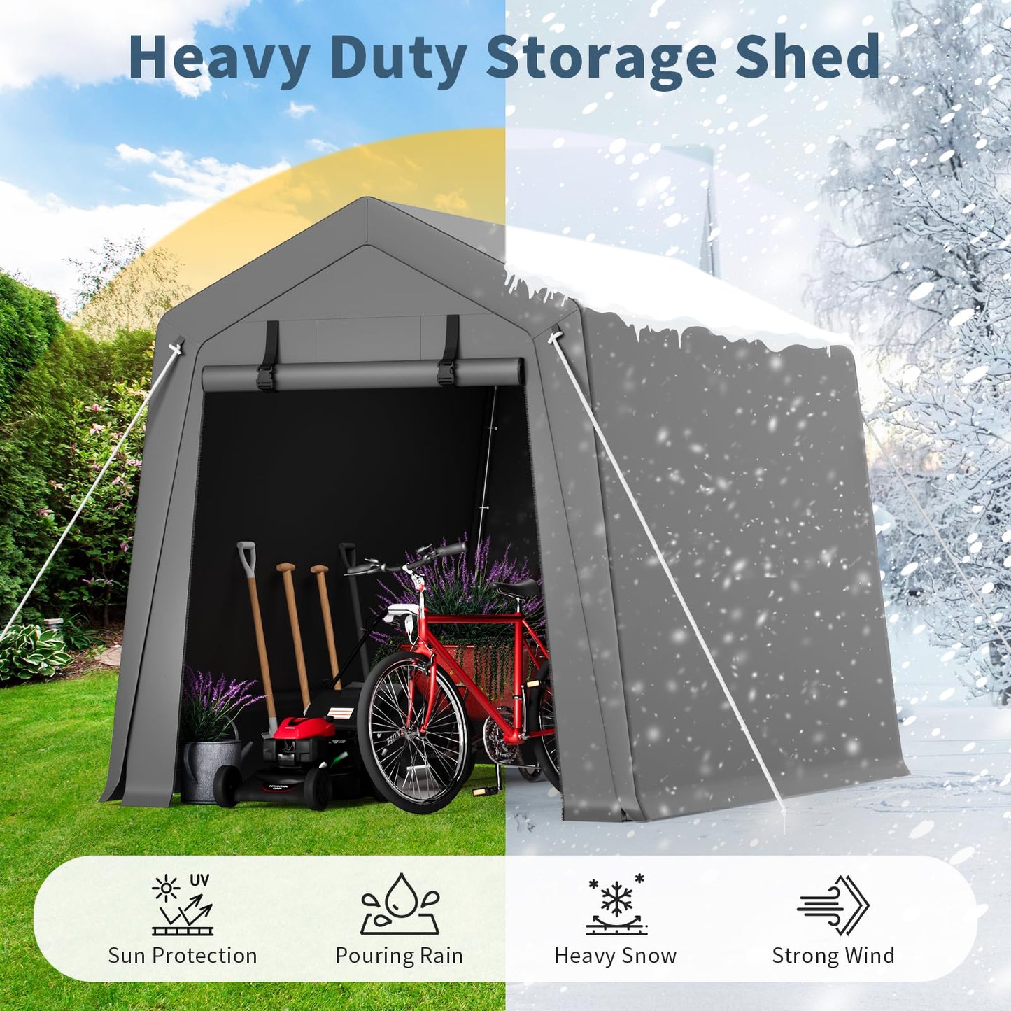 Hipicute 6'x6' Outdoor Portable Storage Shed, Waterproof & UV-Resistant Garage Shelter with 2 Roll-Up Zipper Doors, Anti-Snow Carport Tent for Motorcycle, Bike, and Outdoor Equipment, Gray