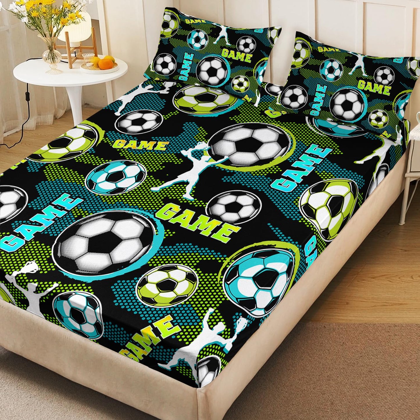 HOSIMA Soccer Twin Fitted Sheet for Boys Room Decor,Athletes Holding Trophies Pattern Sports Bedding for Kids Teens,Blue Green Honeycomb Background,1 Fitted Sheet+2 Pillowcases.