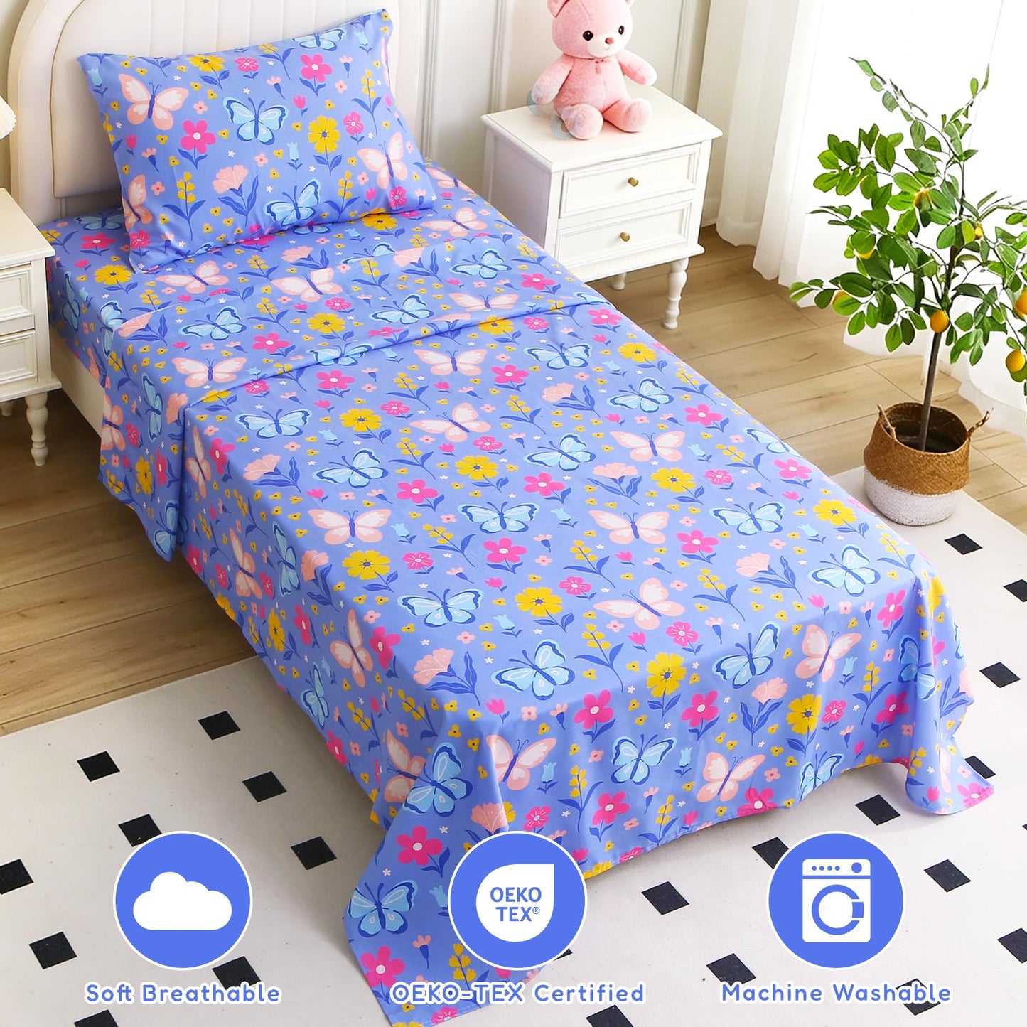 Softan Kids Twin Sheets Set, 3 Piece Butterfly Floral Bedding Set for Girls, Soft Breathable Microfiber with 15" Deep Pocket, Fitted Flat Sheet & Pillowcase