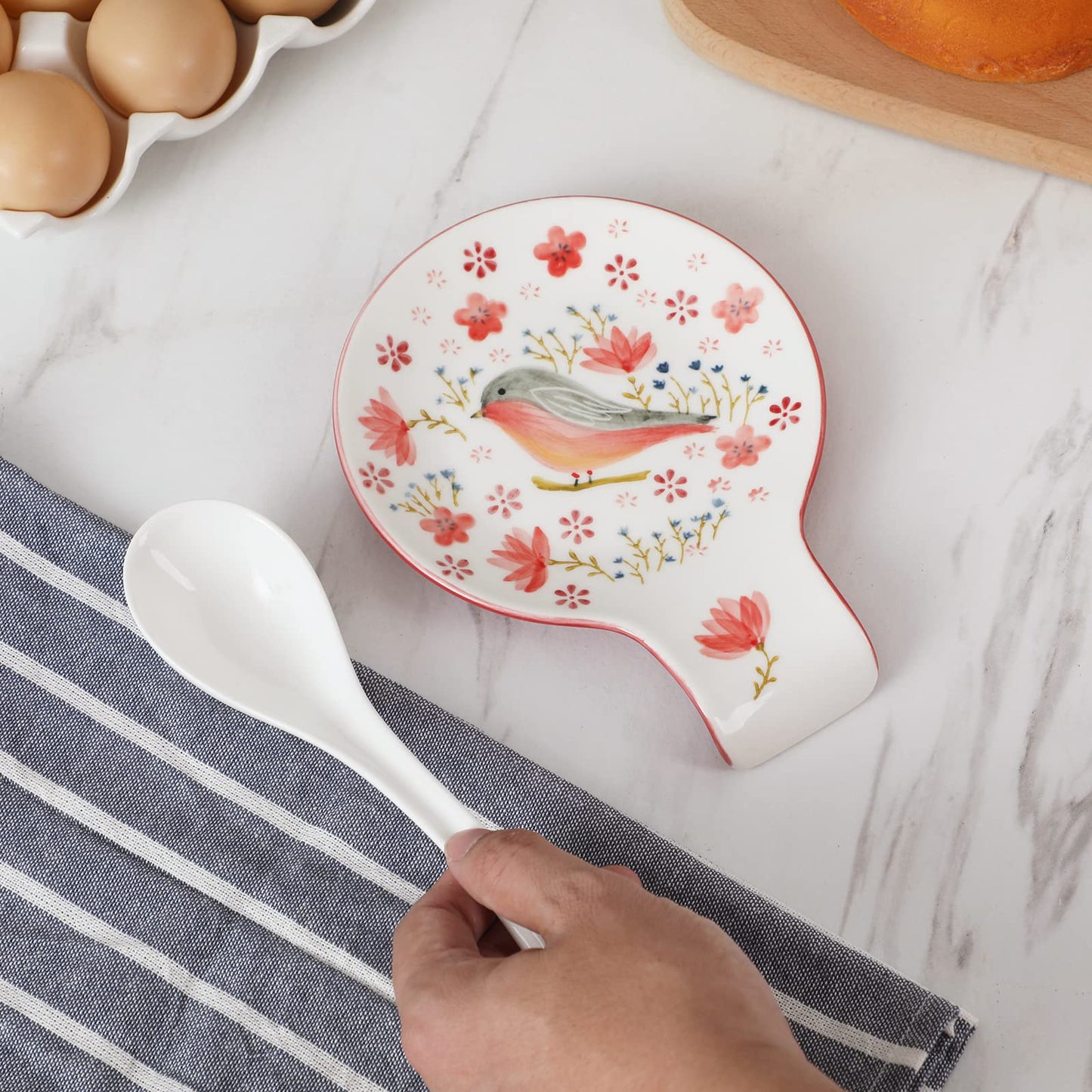 Magclay Hand Painted Spoon Rest, 5.5" Ceramic Spoon Holder for Stove Top and Kitchen Counter, Red Spring Bird Utensil Rest, Great Cooking Gifts for Bird Lover/Friend, Modern Kitchen Decorative