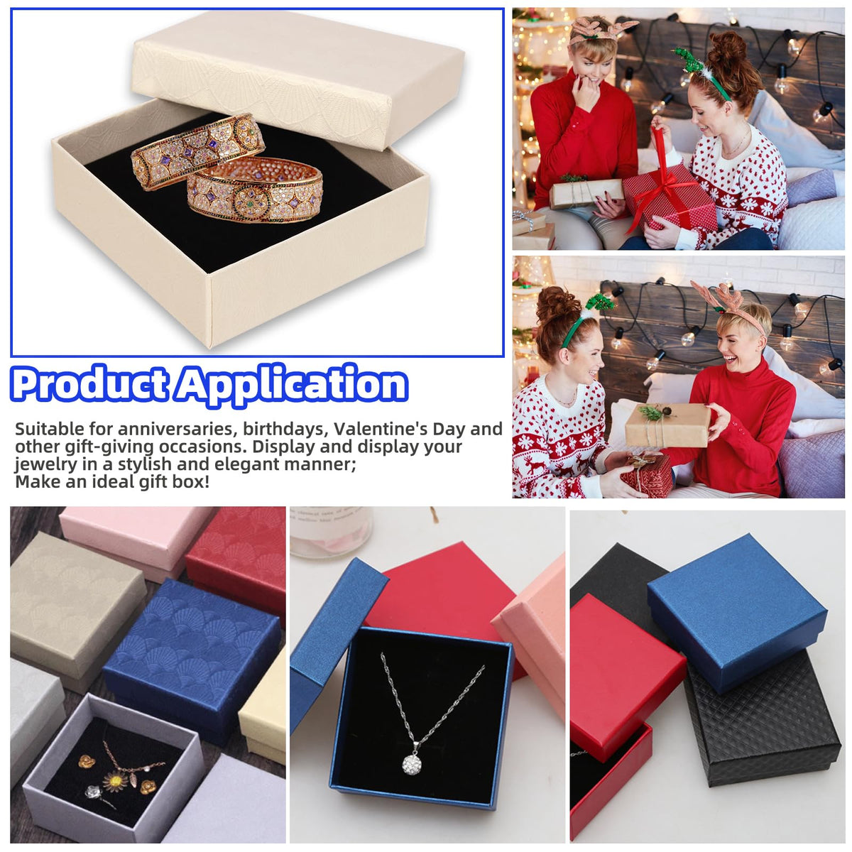 Glarks 12Pcs 3.5x3.5x1 Inch Beige Cardboard Paper Jewelry Gift Boxes with Scissors and Ribbon Set, Bracelets Bangle Necklace Earring Gift Case for Birthday Wedding Jewelry Storage Packaging Display
