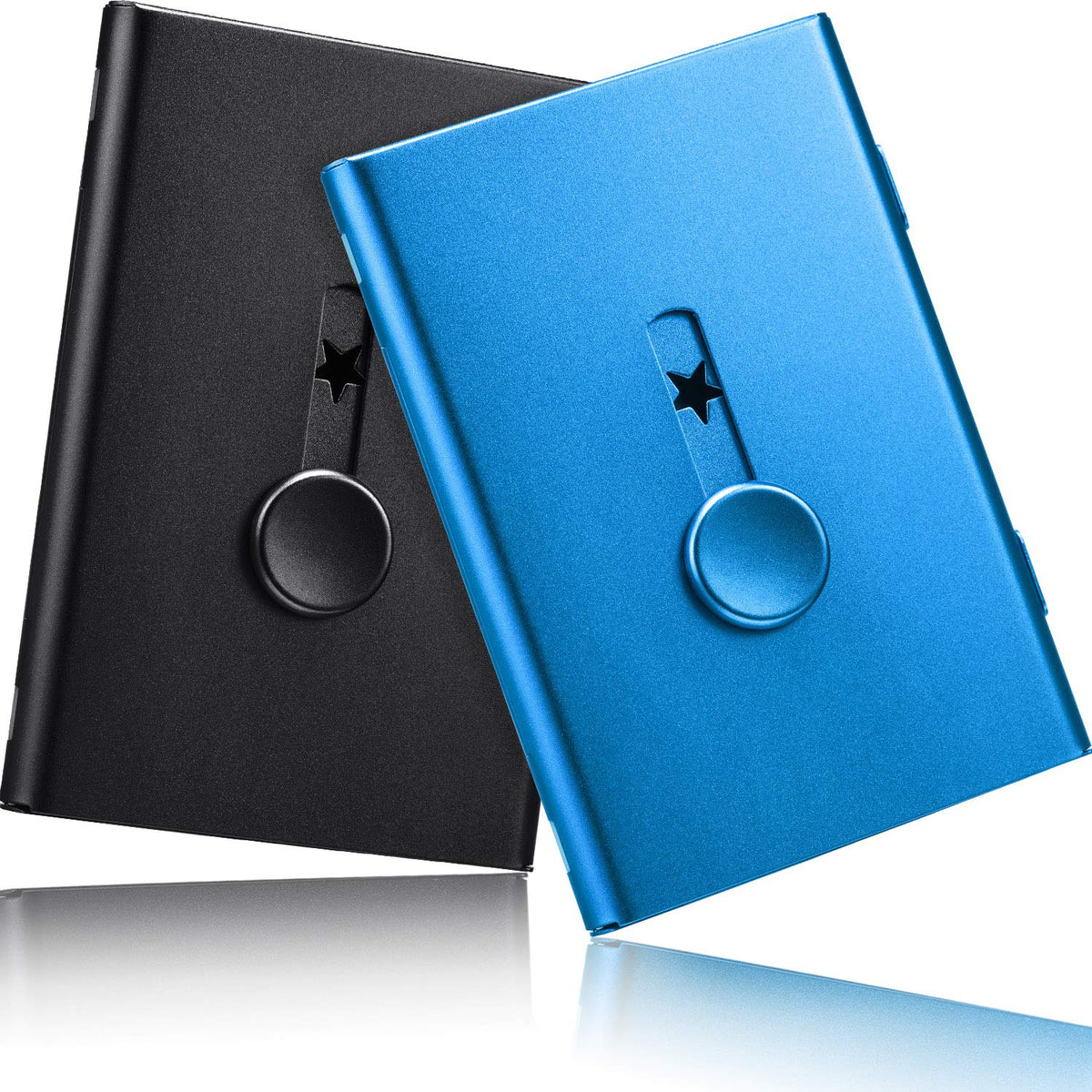 Tatuo 2 Pcs Black/blue 2 Pack Thumb Drive Business Card Holder Stainless Steel Business name Card Case Portable Slide Out name holder Wallet Nice Design pocket for Men and Women