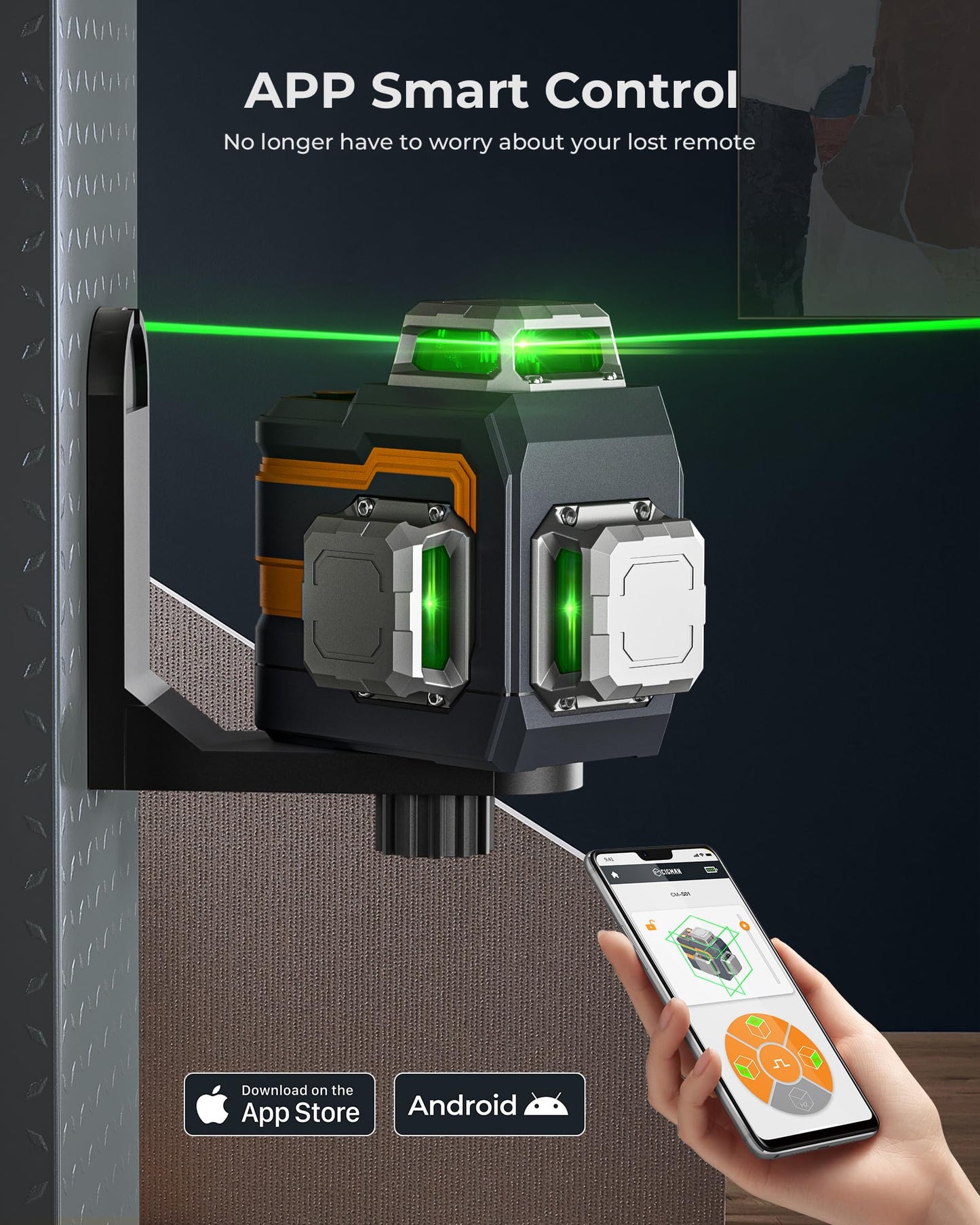 CIGMAN 3x360° Laser Level with Remote&APP Control, Green Self Leveling Cross Line Laser for Construction and Picture Hanging, 3D Vertical/Horizontal Line, Magnetic Rotating Stand Included