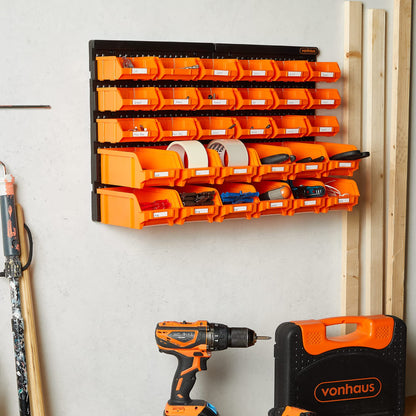 VonHaus 30 Pcs Wall Mount Storage Organiser Bin Panel Rack - DIY Tool Bits Boxes