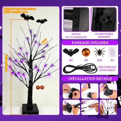 Halloween Decorations Indoor Spider Lights Tree, 2Ft Black Spooky Tree with Spider,Web,Bat and Pumpkin Bell Halloween Tree Decorations,Battery and USB Halloween Black Tree for Home Mantel Easter Decor