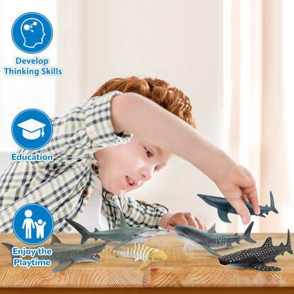 toymany 6PCS 12-14CM Realistic Shark Bath Toy Figurines, Plastic Ocean Sea Animals Figures Set Includes Whale, Tiger, Great White Shark, Cake Toppers Christmas Birthday Gift for Kids Toddlers