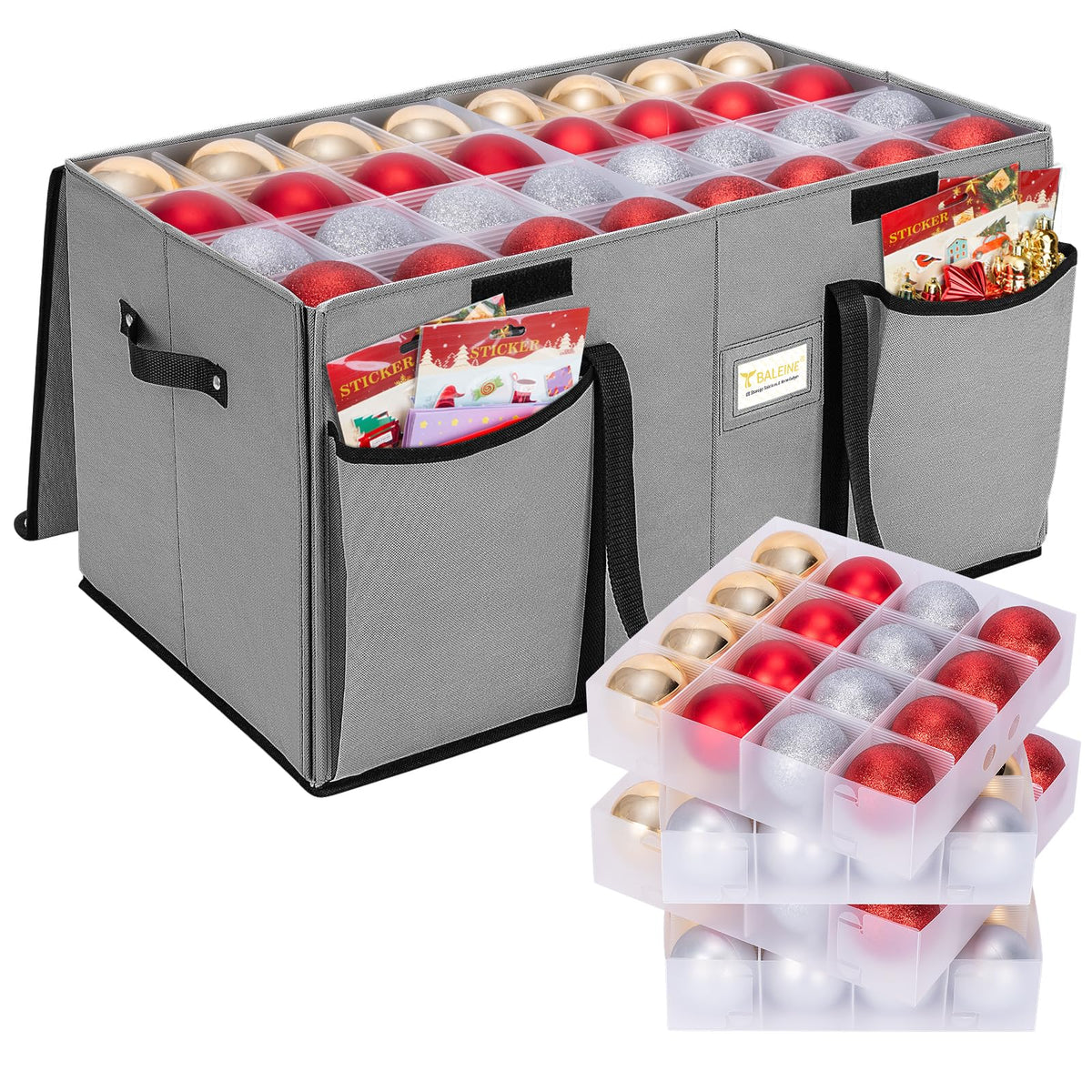 BALEINE Christmas Ornament Storage Box with Dividers, Premium Holiday Ornaments Storage Container Bin for Xmas Decorations (128 Ball, Grey, Hard)