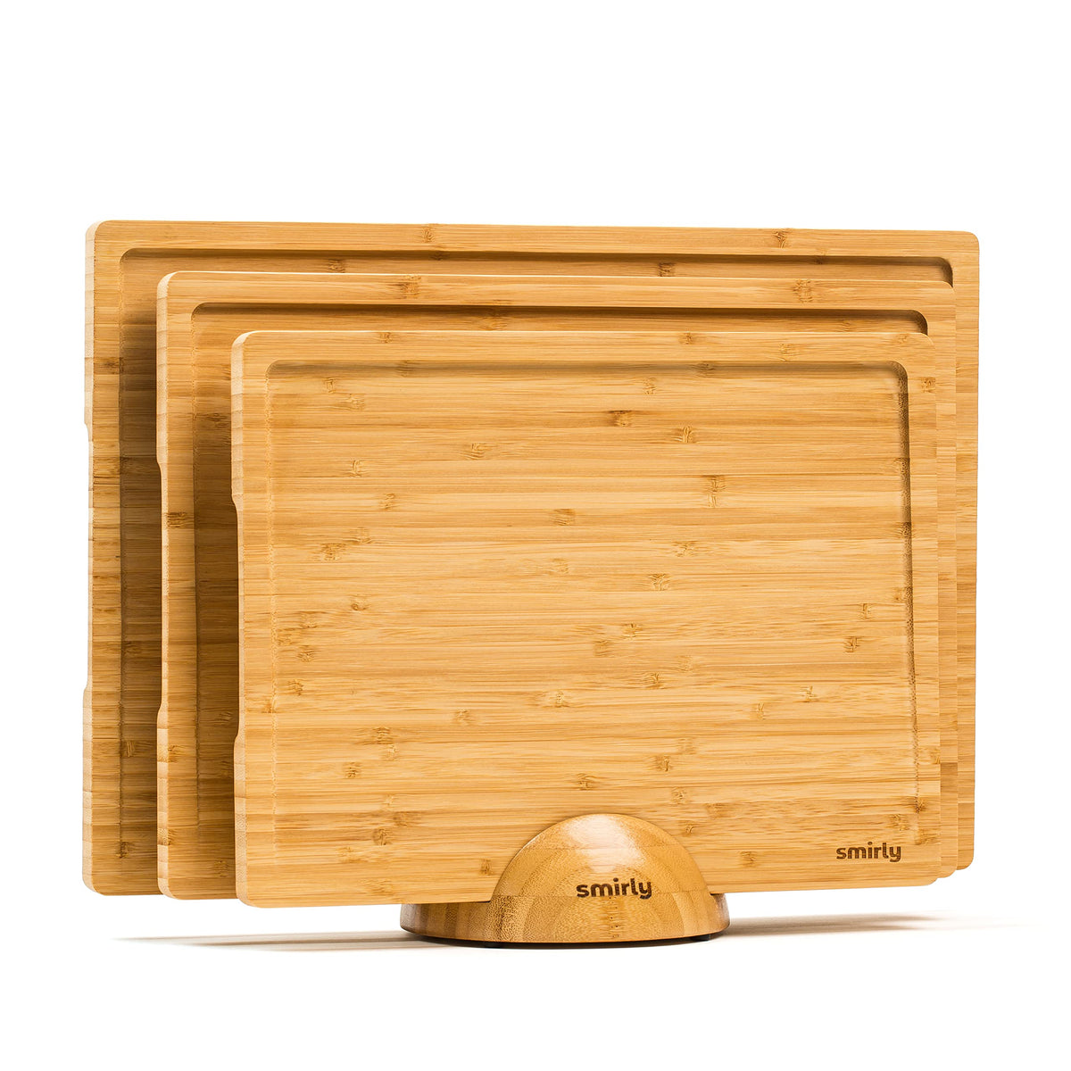SMIRLY Bamboo Cutting Boards for Kitchen - Wood Cutting Board with Handle and Juice Groove - Wooden Chopping Board Set of 3 with Holder