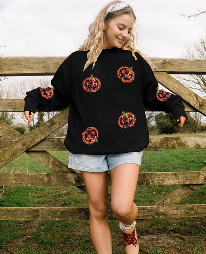 VILOVE Halloween Pumpkin Sequin Sweatshirt Women: Pumpkin Face Long Sleeve Tops Fall Pumpkin Hoodie Halloween Party Pullover Black