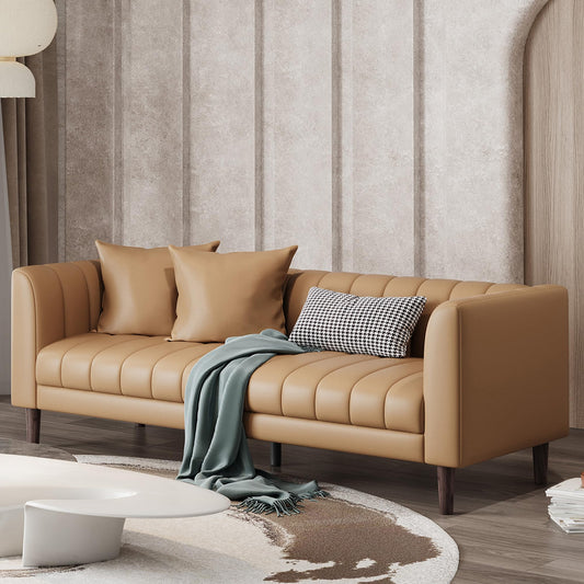 IDEALHOUSE 83" W Faux Leather Sofa Couch for Living Room, Modern 3 Seater Sofa Couch with Deep Seats, 2 Throw Pillows and Wood Legs, for Small Space, Bedroom, Apartment, Home Office, Brown
