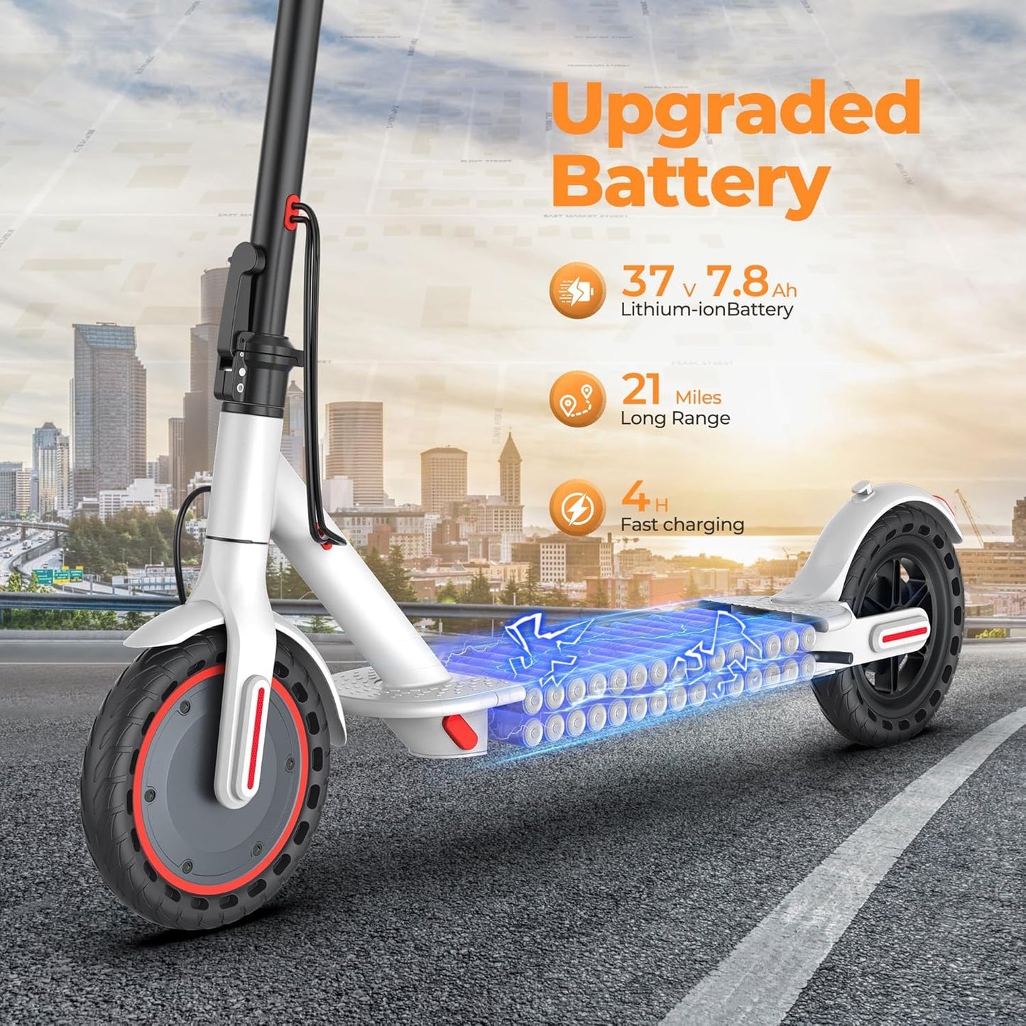 MAXSHOT Electric Scooter for Adults, 8.5" Solid Tires, 350W Motor, 19 MPH, 21 Miles Range, White Folding E-Scooter with App & Dual Brakes