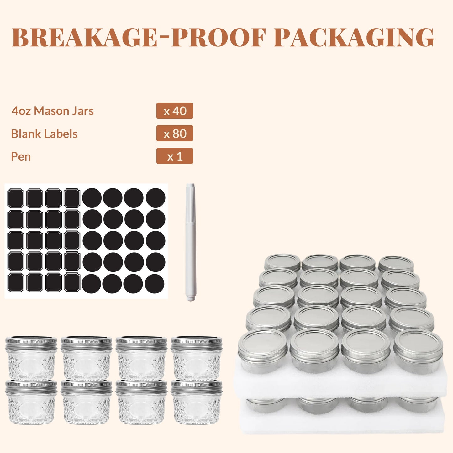 CycleMore 40 Pcs 4oz Clear Glass Mini Mason Jars With Silver Separable Lids and Diamond appearance, Small Spice Canning Jars for Honey, Jam, Jelly, Wedding Favors, Kitchen Food Storage