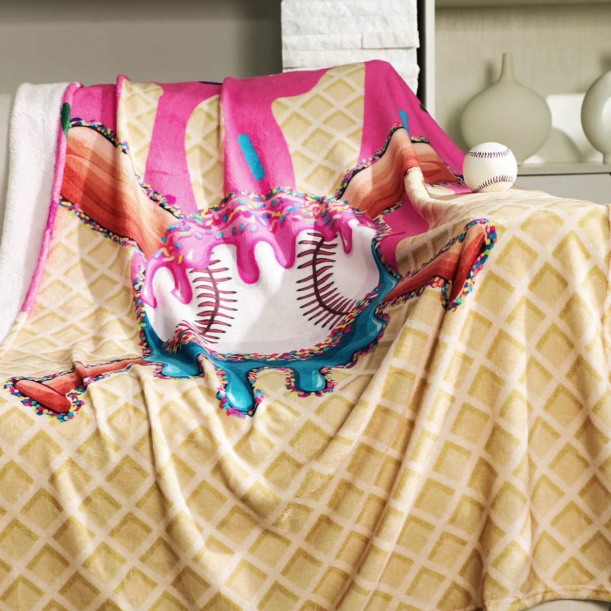 Tegeme Baseball Drip Ice Cream Blanket Pink Baseball Drip Ice Cream Throw Blanket Warm Ultra Soft Flannel Blankets for Bed Travel Sofa Living Room Decoration Gifts, 50" x 40"