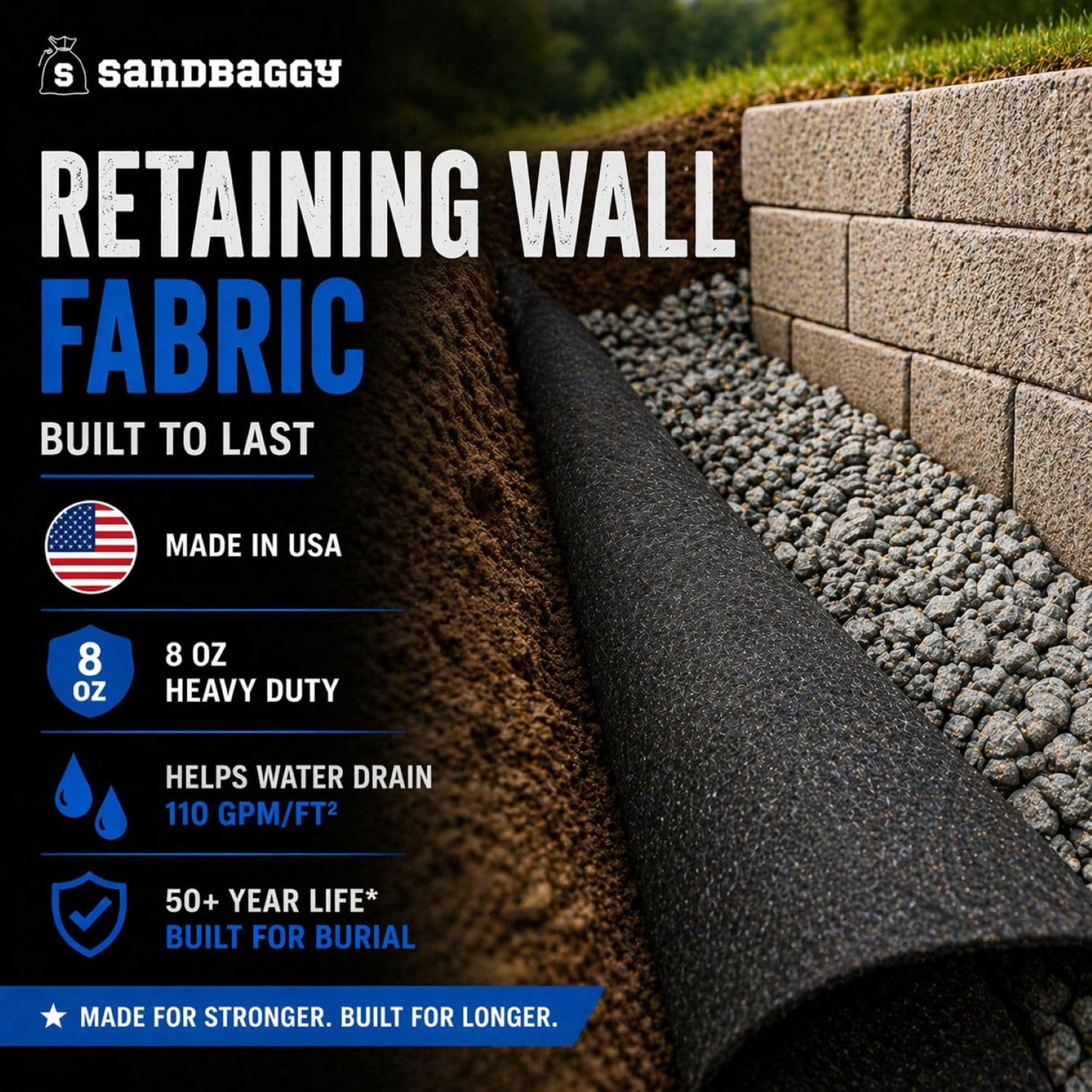 Sandbaggy Retaining Wall Fabric | Non-Woven Geotextile Filter Fabric (8 oz) – Drainage Fabric for Behind Retaining Walls & Landscape Use – USA Made (3 ft x 100 ft Roll)