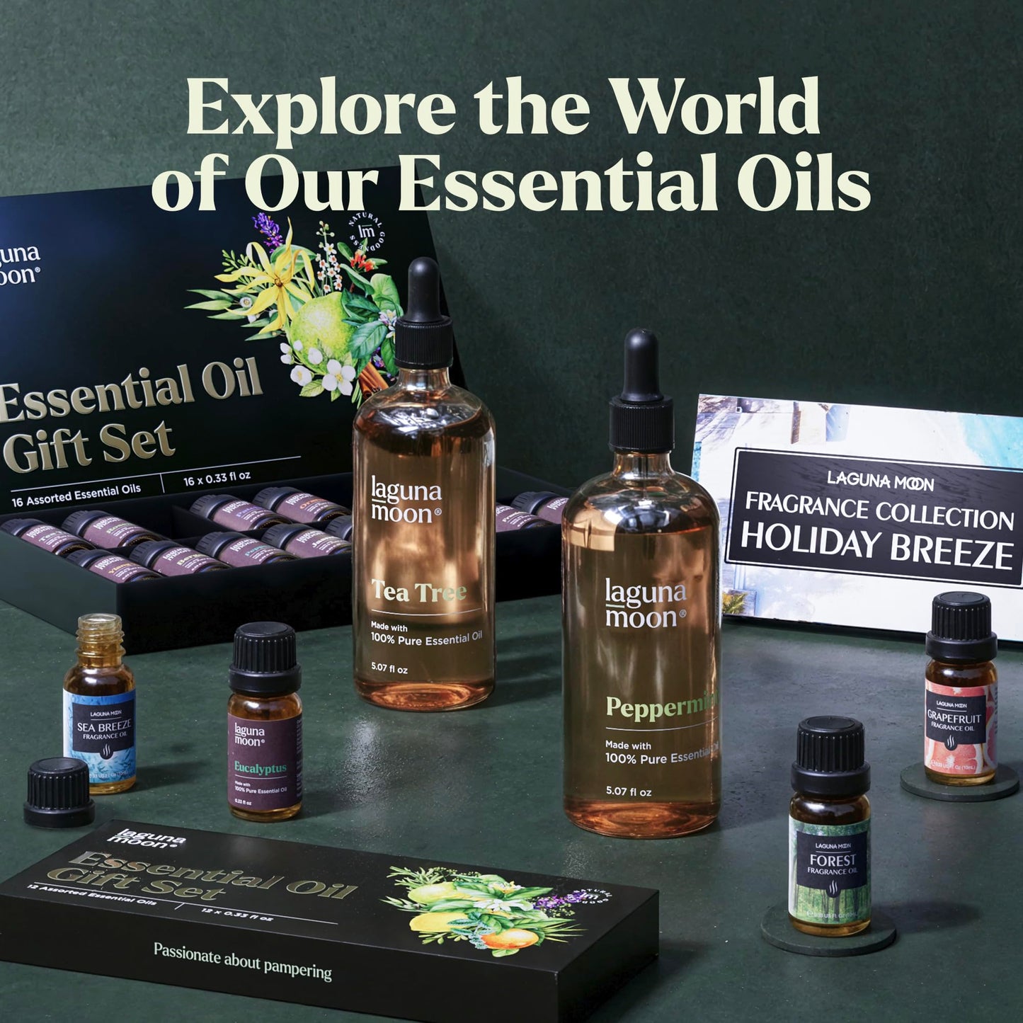 Lagunamoon Essential Oils Set, Top 20 Gift Set Oils for Diffusers, Humidifiers, Aromatherapy, Candle Making Scents, Cars & Home Products, Peppermint, Tea Tree, Lavender, Eucalyptus, Lemongrass (10mL)