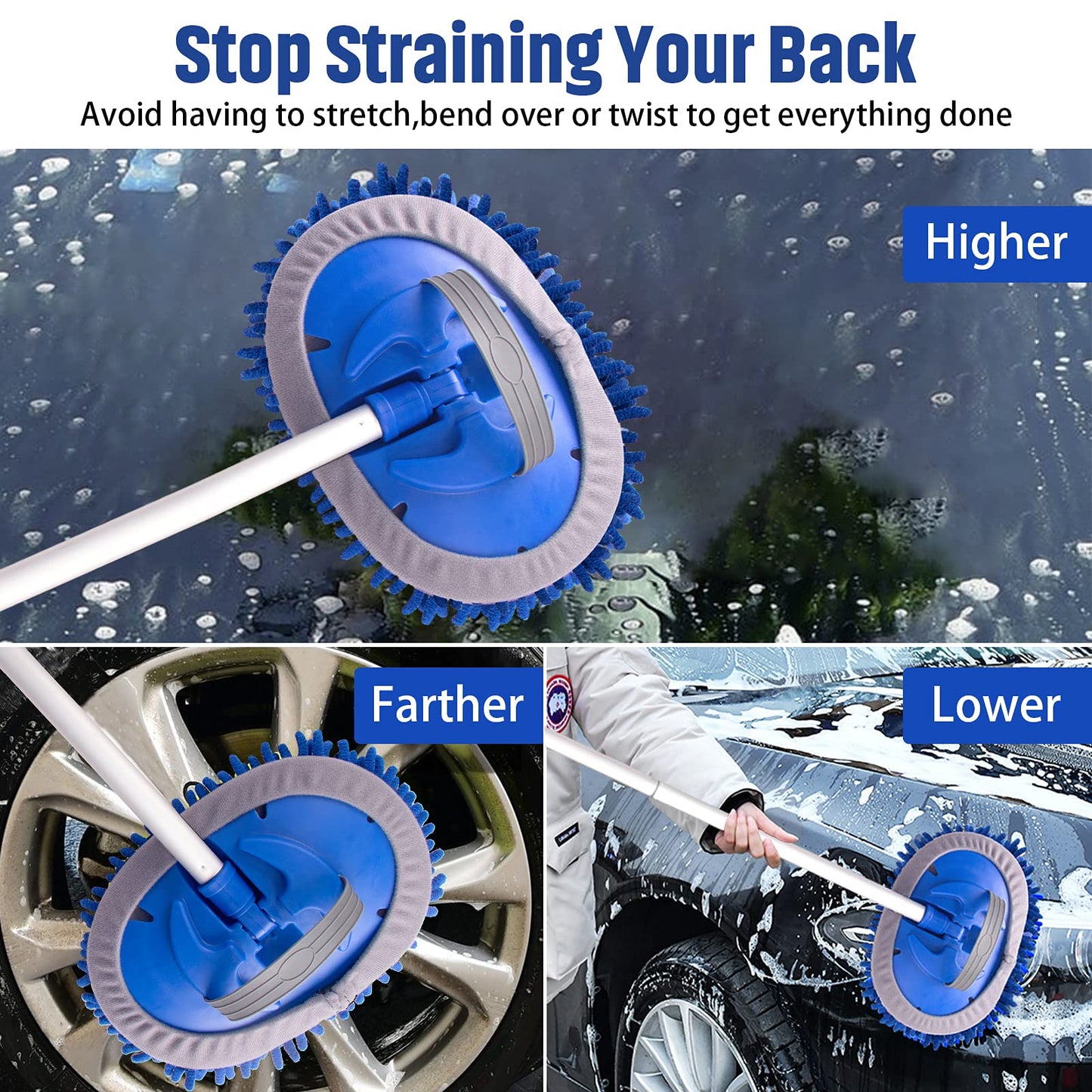 Car Wash Brush 160cm 63'' Car Cleaning Brush Long Handle, Microfibre Extendable Car Wash Mop Mitt Suitable for Washing Cars, SUV, Truck, Caravans and Household (2 x Mop Head), Blue