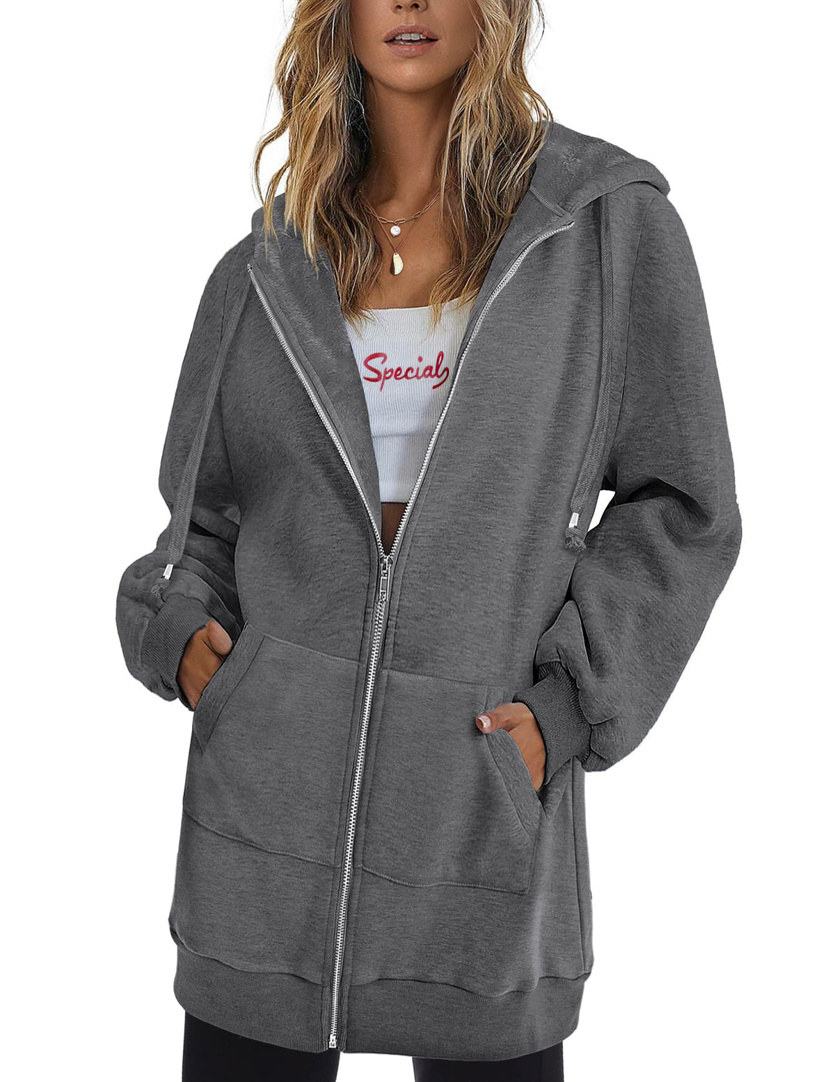 Zeagoo Women Long Zip Up Hoodies Fleece Tunic Sweatshirt Casual Hoodie Jacket with Pockets,dark grey,L