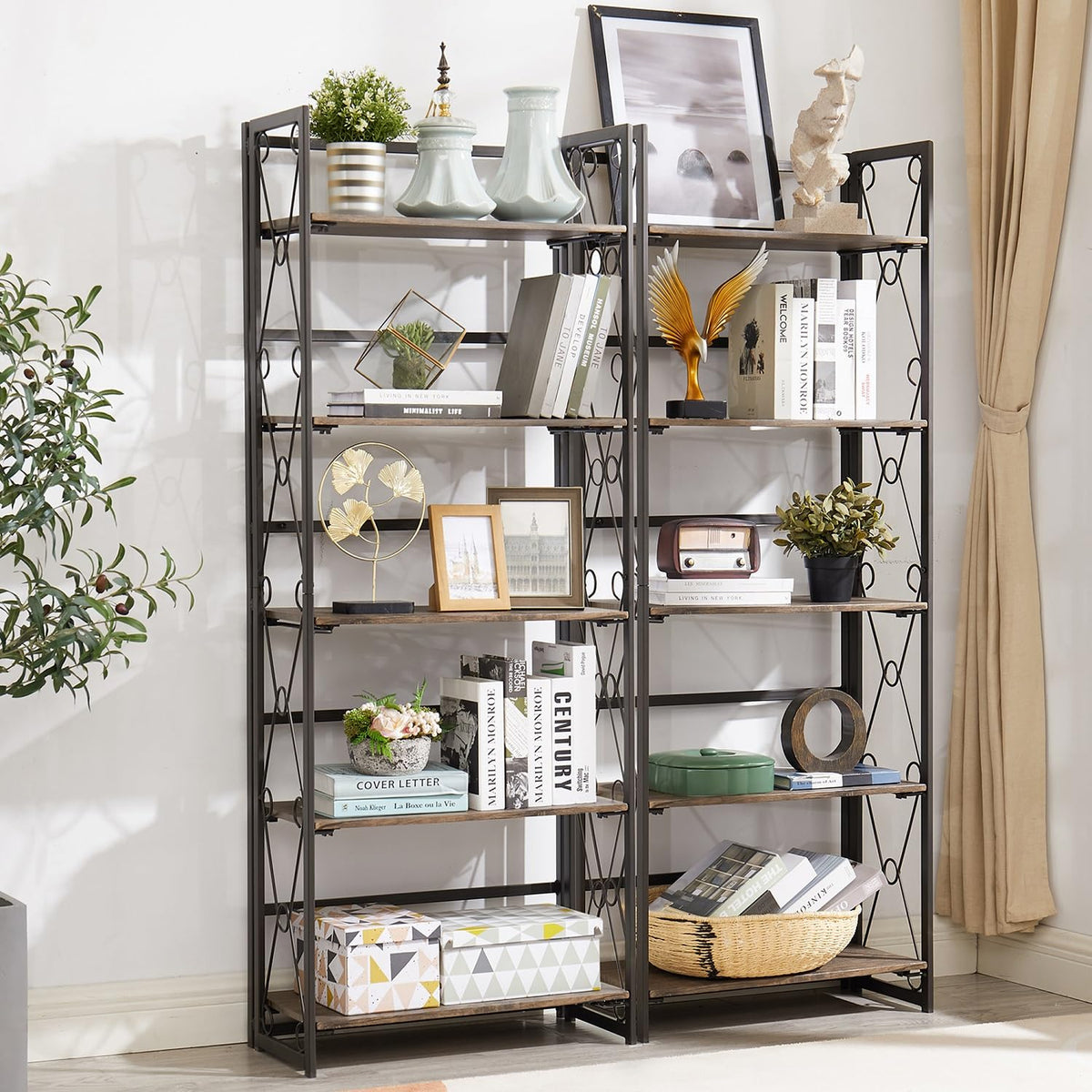 VECELO Folding Bookshelf, 5-Tier Bookcase Foldable, Industrial Tall Book Shelf Storage Organizer with Collapsible Metal Frame for Living Room/Home Office,Rustic Brown,1 Set