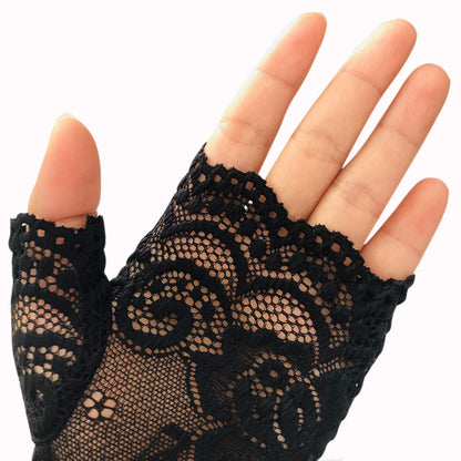 monochef Women Short Lace Gloves Sunblock Fingerless Bridal Wrist Floral Opera Evening Party Wedding Tea Prom Cosplay 1920s for Ladies and Girls, Black (Black)