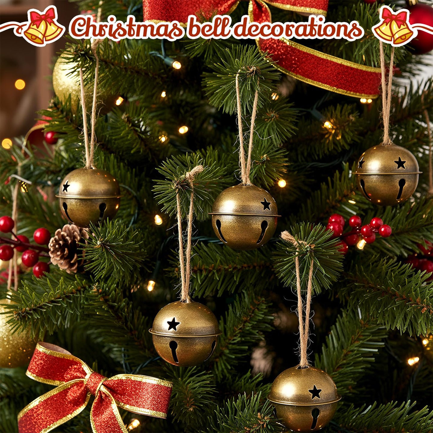 Zubebe Christmas Bells Jingle Bells Large 2.5 Inch Star Cutout Ornament for Crafts Christmas Tree Decor Gift Wrapping(Bronze,12 Pcs)