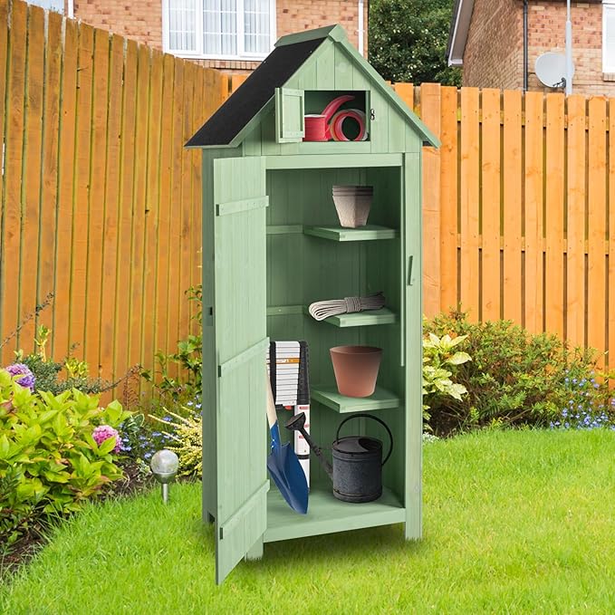 Outvita Outdoor Storage Cabinet, 70in Wooden Vertical Garden Tools Shed, Patio Storage Organizer with Latch & Waterproof Roof for Yard Deck Lawn Farmland Equipment(Green)