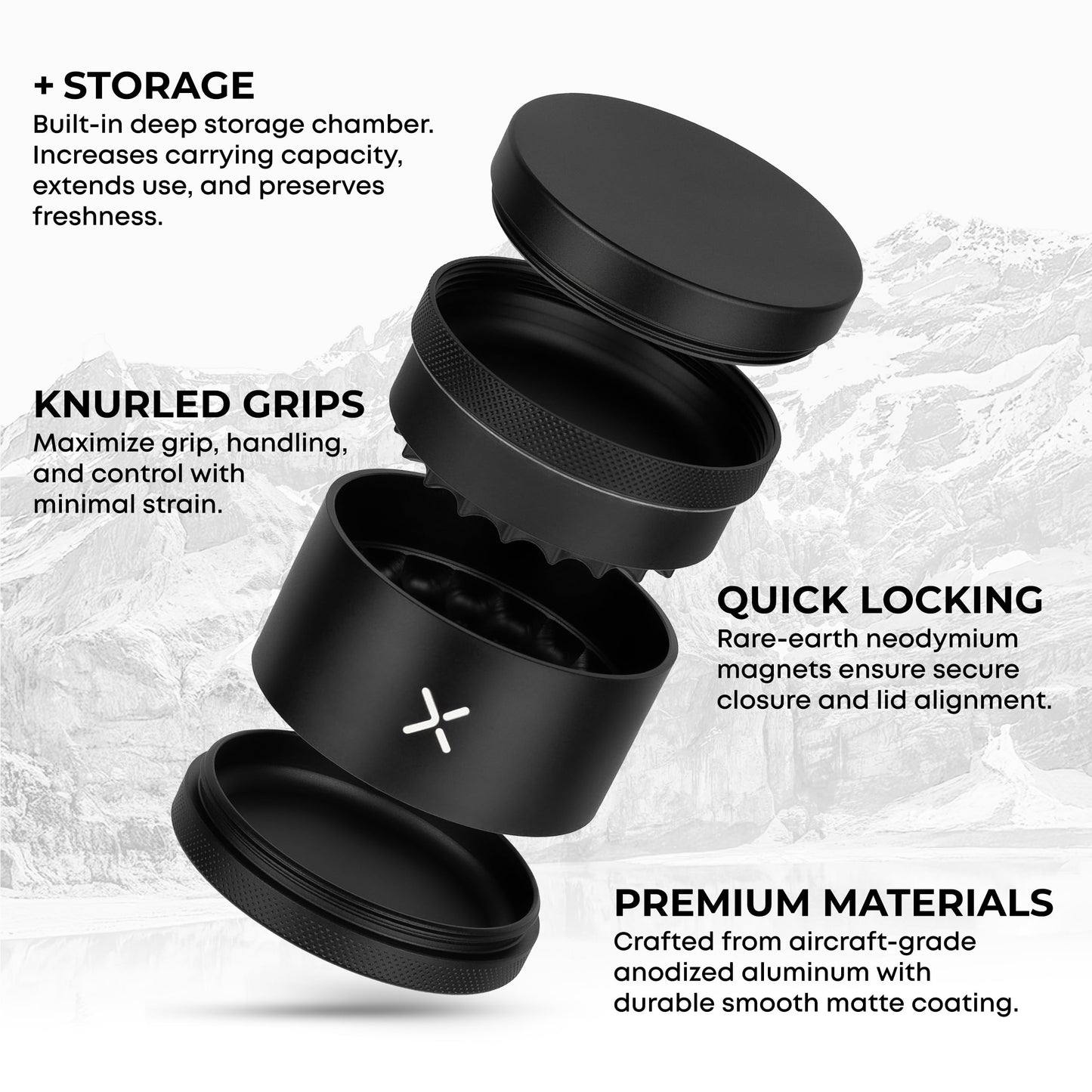 MillX Premium Toothless 2.5 Inch Aluminum Spice & Herb Grinder, Extra Storage Compartment, Manual Kitchen Use, Jam-free and Smooth Grinder (Matte Black)
