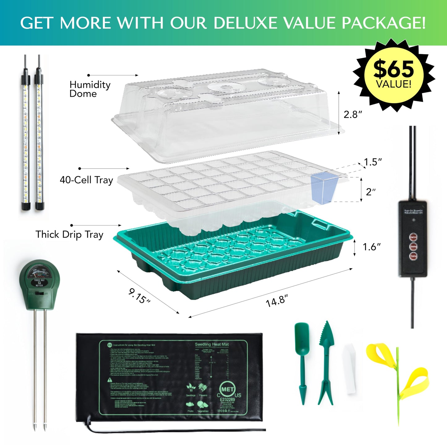 GROWFRIEND Upgraded Seed Starter Tray with Grow Lights and Heat Mat, 3-in-1 Soil Meter, & Sticky Gnat Traps, 40-Cell Seed Growing Tray, Germination & Plant Propagation Station for Indoor Plants