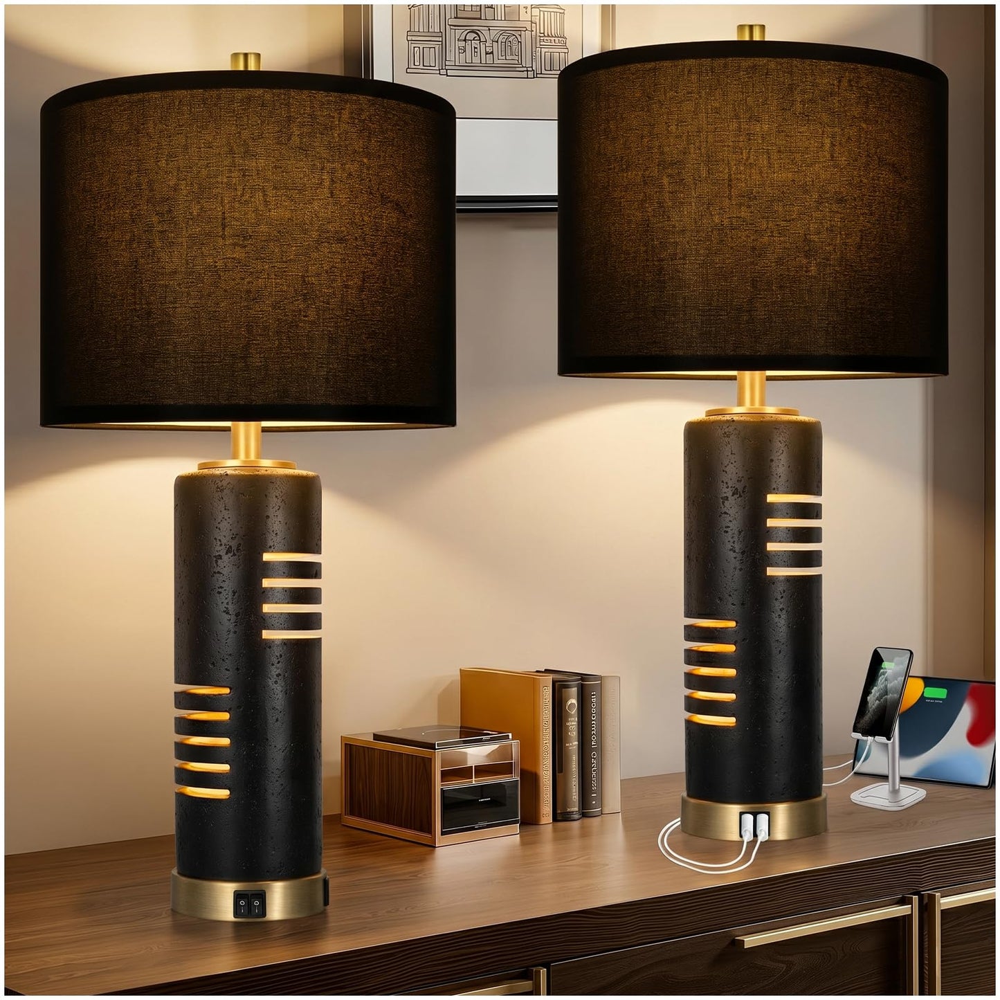 KIVDITZO 27.5" Faux Stone Table Lamps Set of 2, Farmhouse Table Lamps for Living Room with Night Light & USB A+C Ports, Black Lamps with Faux Silk Shade for Bedroom Nightstand Office (Bulb Included)