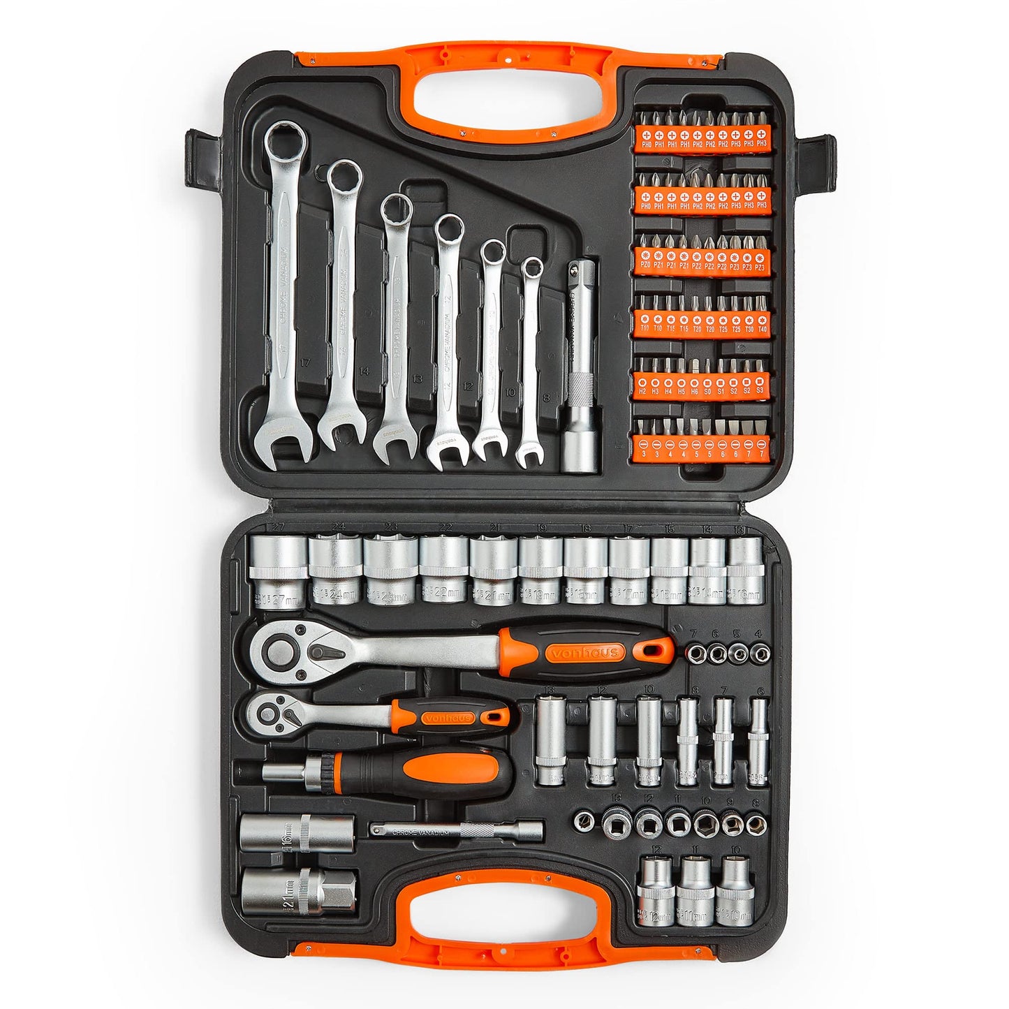 VonHaus 104-Piece Socket Wrench Tool Set with Extension Bar, Coupler, Ratchet, and Spanners, Screwdriver Bits and Carry Case