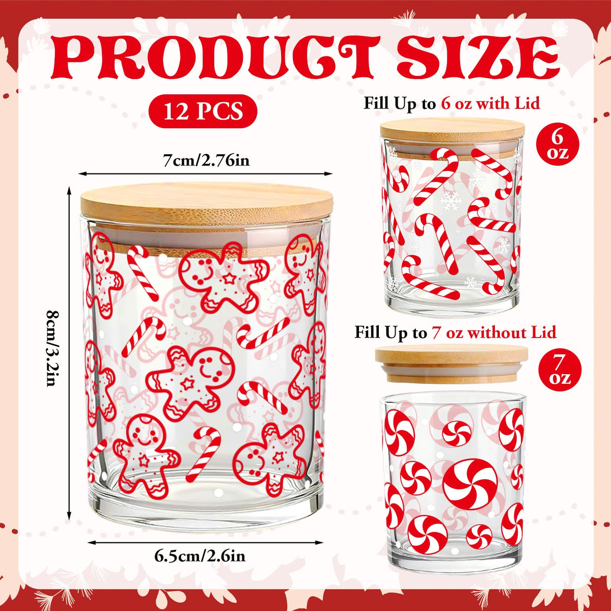 Whaline 12 Pcs Christmas Glass Candle Jars with Cork Lids Red Peppermint Gingerbread Candy Cane Clear Empty Container for Candle Making Storing Xmas Holiday Party Decor