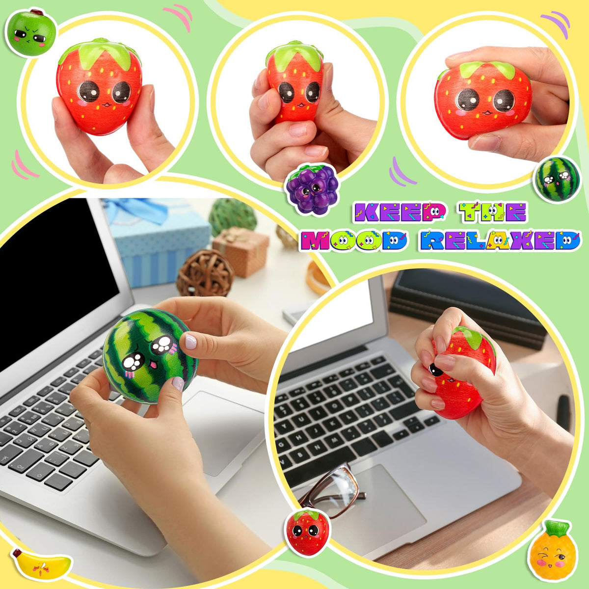 JellyArch Funny Dancing Fruit Inspirational Gifts for Employee Cute Positive Work Stress Relief Gifts for Coworker Fruit Stress Balls with Affirmation Motivational Pun Box for Staff Student(24 Sets)