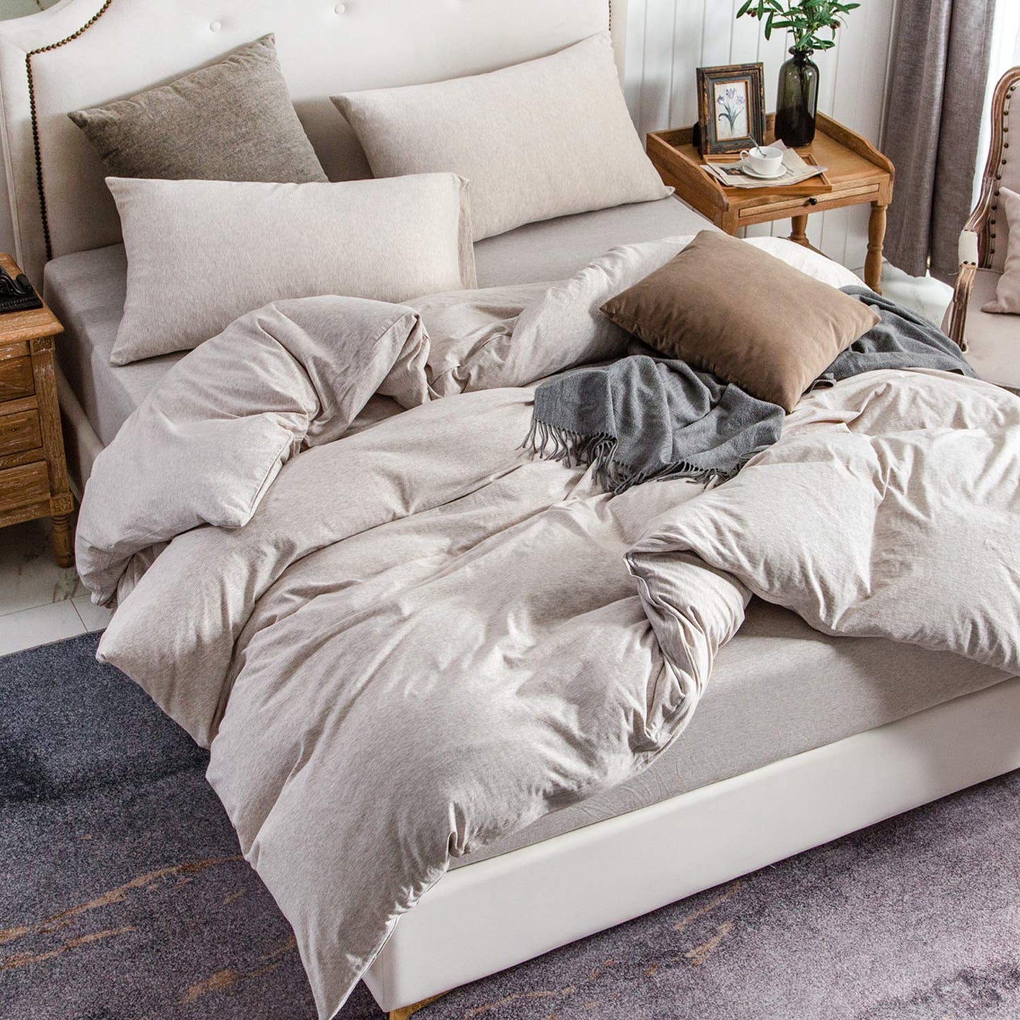 PURE ERA Jersey Knit Duvet Cover Set 100% T-Shirt Cotton Super Soft Comfy 2pc Bedding Set with Zipper Closure (Heather Beige, Twin)