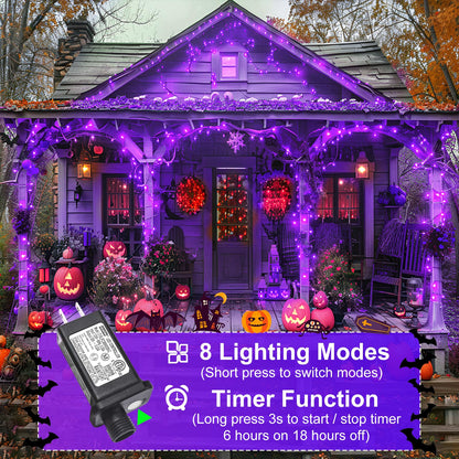 Nielfoi Purple Halloween Lights Outdoor, 100FT 300 LED Halloween String Lights with 8 Modes Waterproof, Plug in Green Wire Twinkle Tree Light for Indoor House Patio Garden Party Decorations