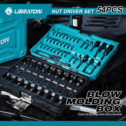 LIBRATON 54PCS Magnetic Nut Driver Set, Impact Drill Driver Bit 1/4", Metric & SAE Nut Driver for Impact Drill, Socket Adapters, Screwdriver Bits, Quick-Release Extension, Wing Nut Driver, Storage Box