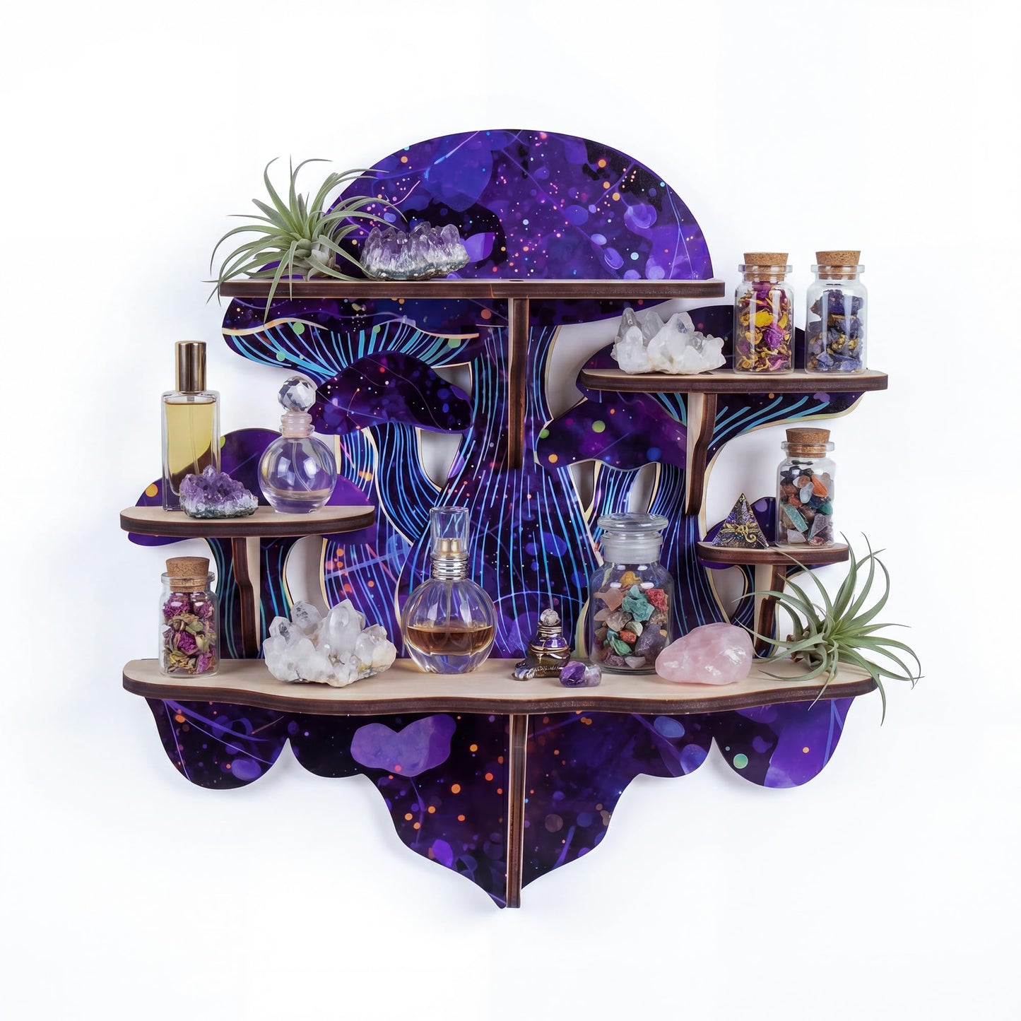 FNYDOX Crystal Display Shelf for Witchy Mushroom Decor, Gothic Altar Shelf for Crystals, Rocks, Gemstones & Essential Oils, 5 Compartment Wall Shelf & Spiritual Gifts